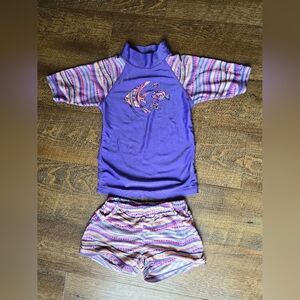 Purple Striped Kids Rashguard Set with Fish Design 5